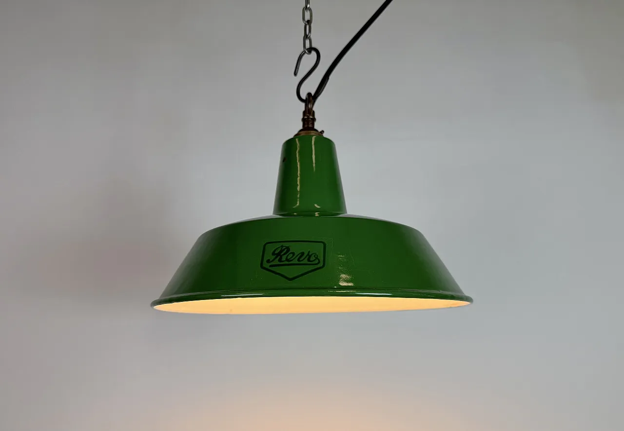 Industrial Green Enamel Factory Pendant Lamp from Revo, 1950s 9