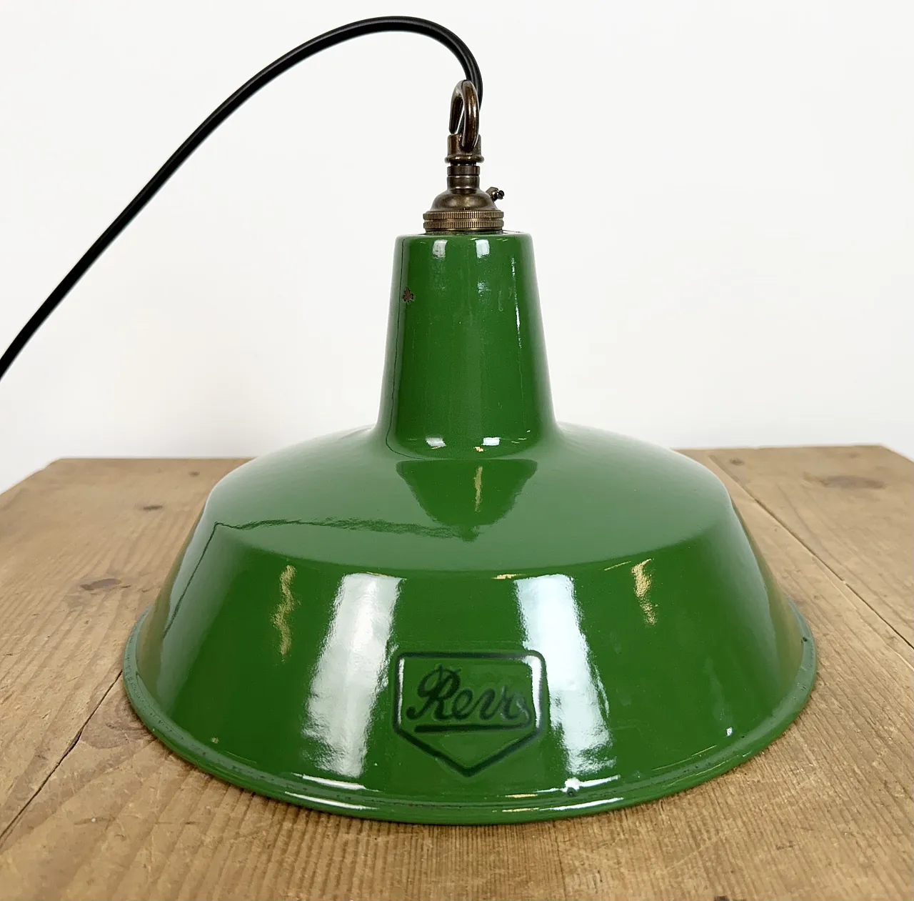 Industrial Green Enamel Factory Pendant Lamp from Revo, 1950s 11