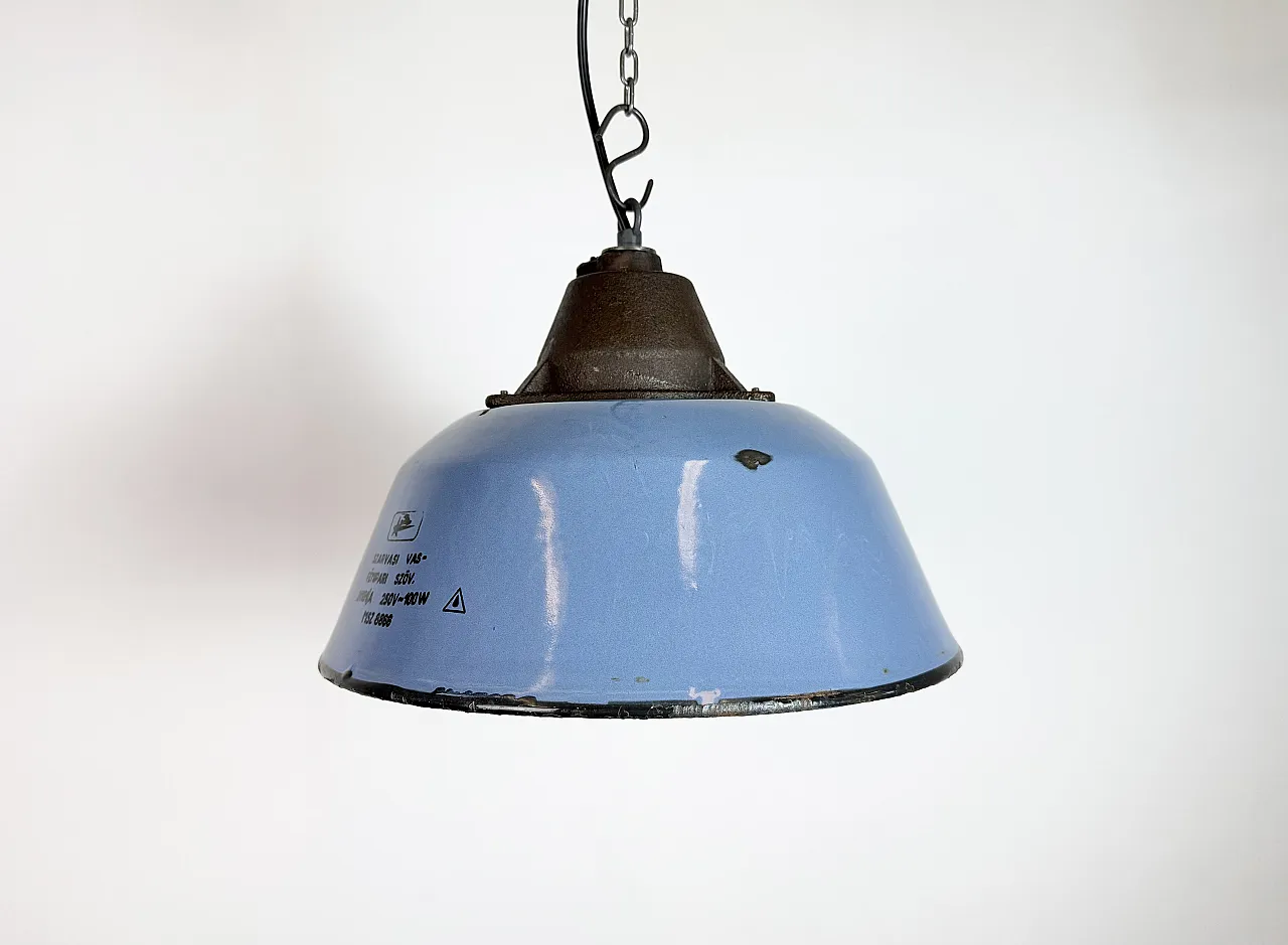 Industrial Blue Enamel and Cast Iron Pendant Lamp, 1960s 2