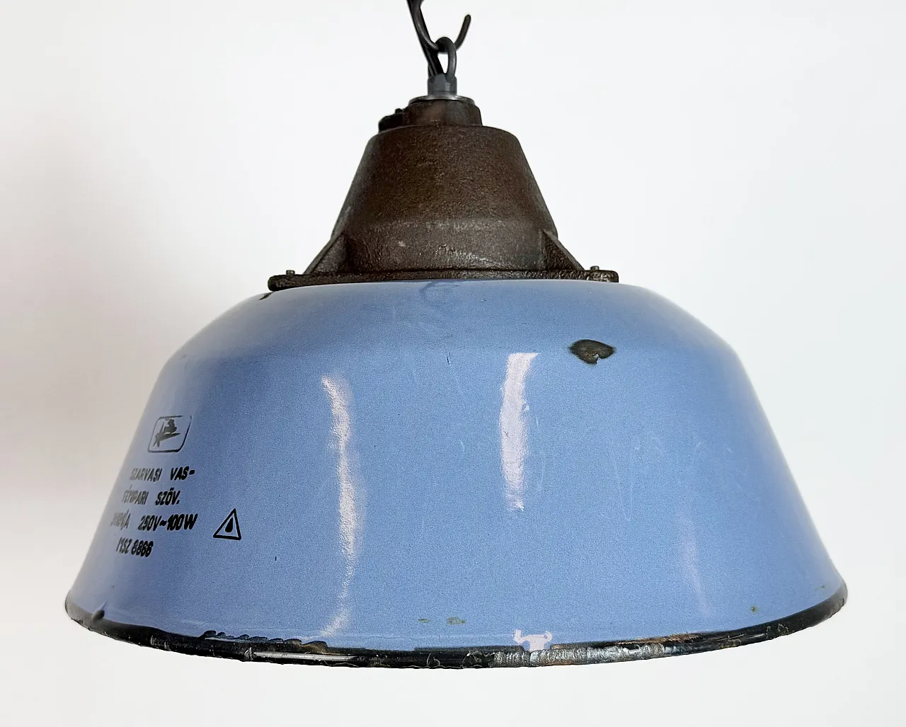 Industrial Blue Enamel and Cast Iron Pendant Lamp, 1960s 3