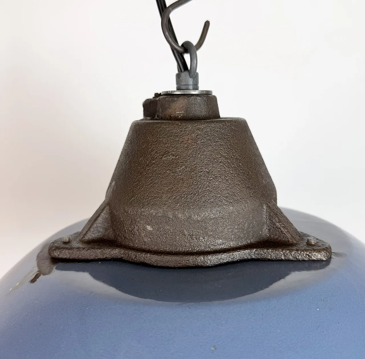 Industrial Blue Enamel and Cast Iron Pendant Lamp, 1960s 4