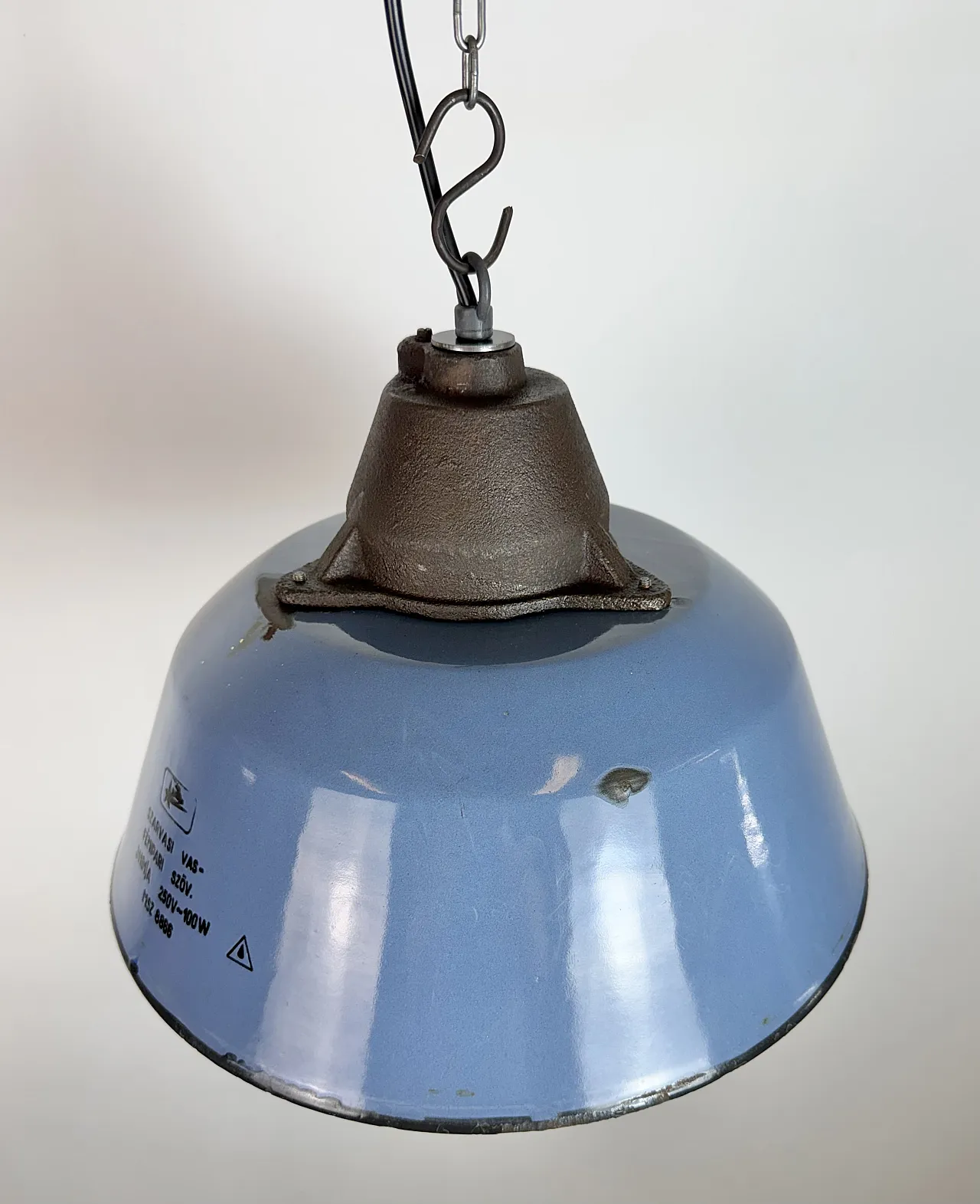 Industrial Blue Enamel and Cast Iron Pendant Lamp, 1960s 6