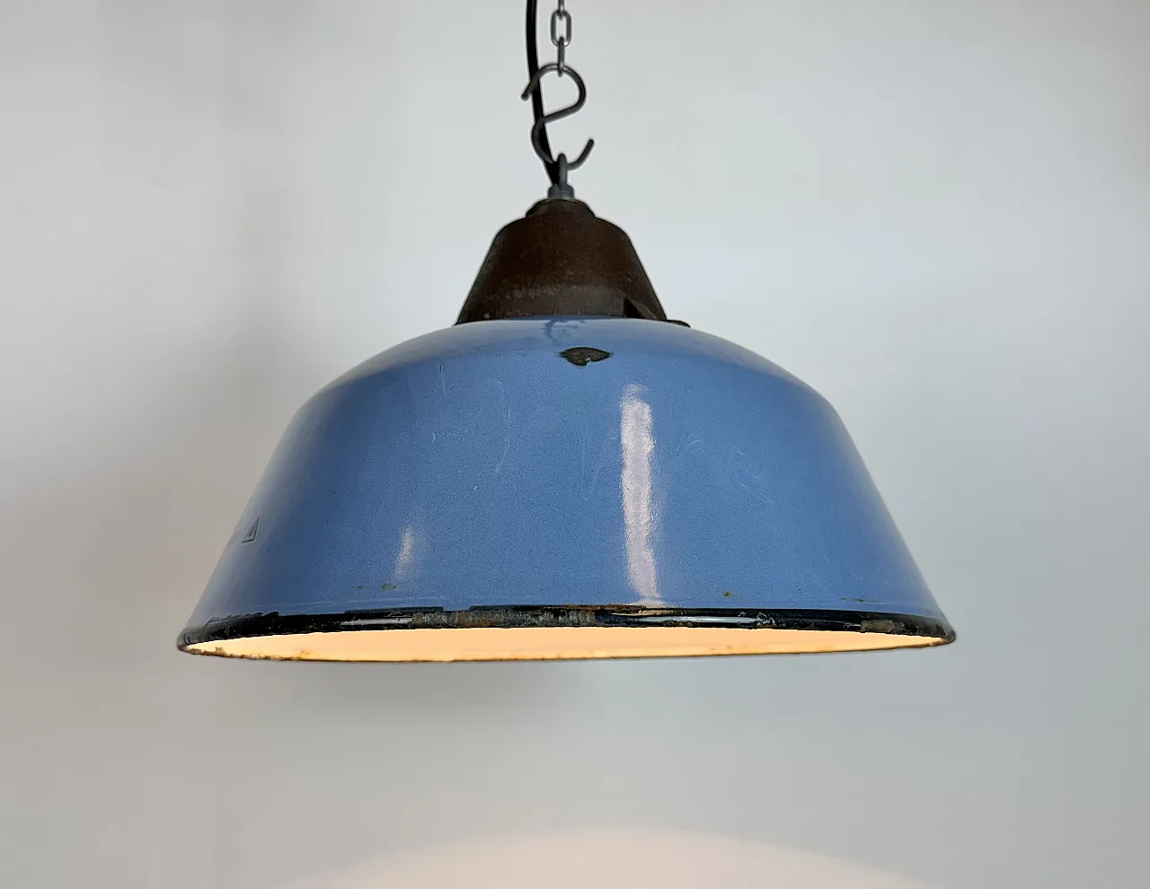 Industrial Blue Enamel and Cast Iron Pendant Lamp, 1960s 10