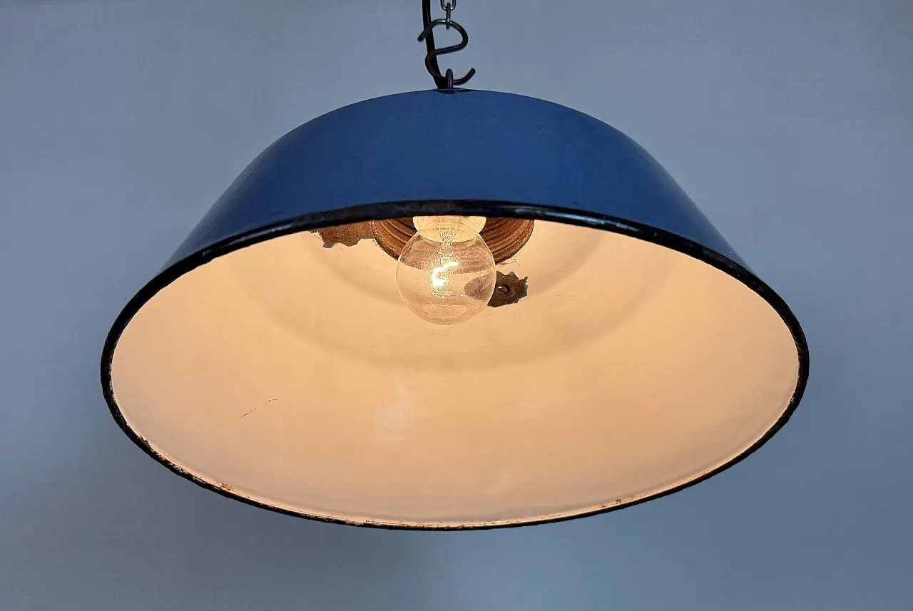 Industrial Blue Enamel and Cast Iron Pendant Lamp, 1960s 11