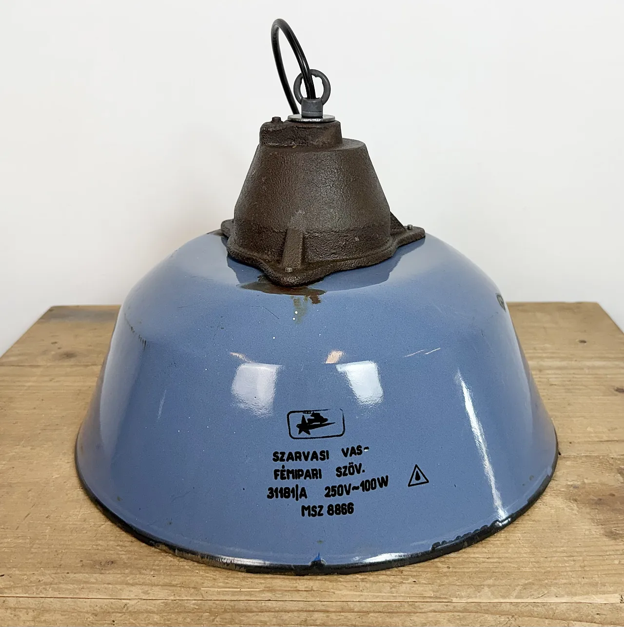 Industrial Blue Enamel and Cast Iron Pendant Lamp, 1960s 12