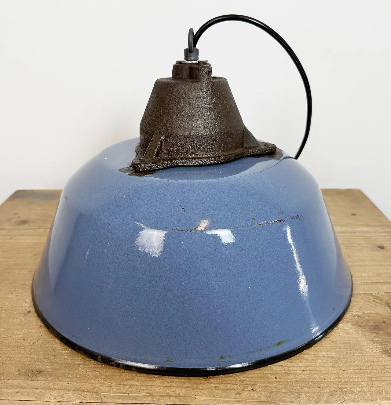 Industrial Blue Enamel and Cast Iron Pendant Lamp, 1960s 16