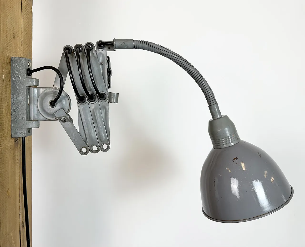 Grey Industrial Gooseneck Scissor Wall Lamp from Elektroinstala, 1960s 12