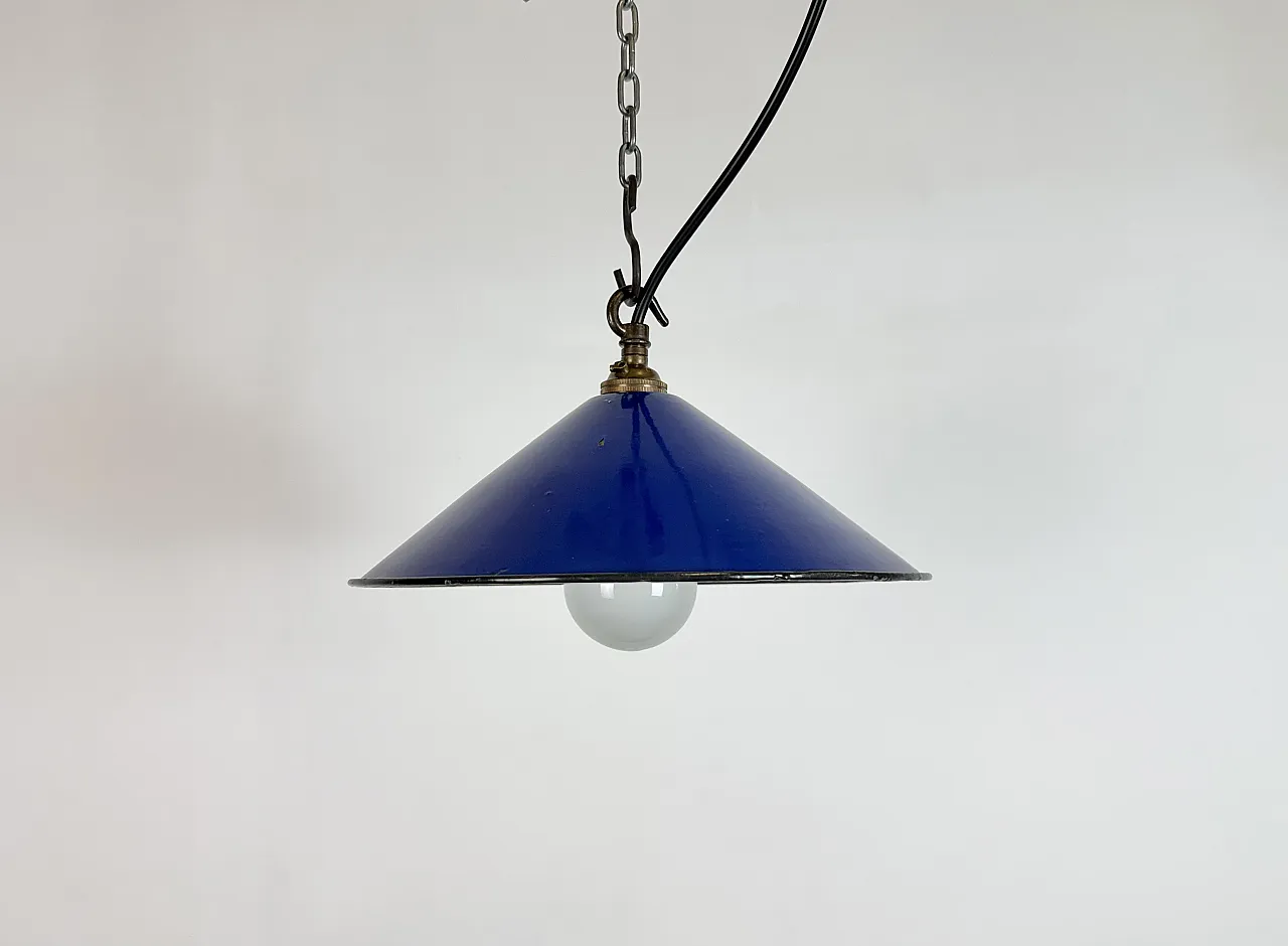 Industrial Cobalt Blue Enamel Factory Pendant Lamp, 1950s 2
