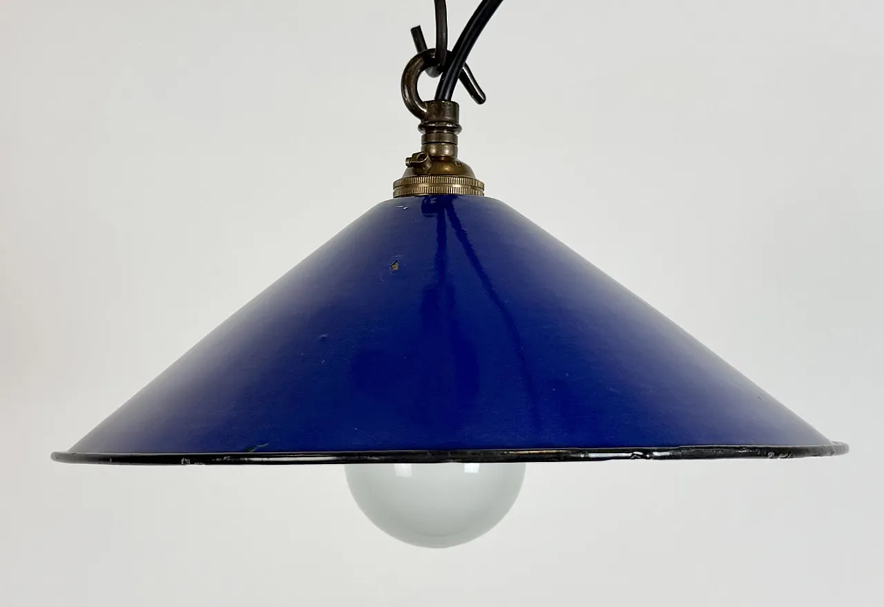 Industrial Cobalt Blue Enamel Factory Pendant Lamp, 1950s 3