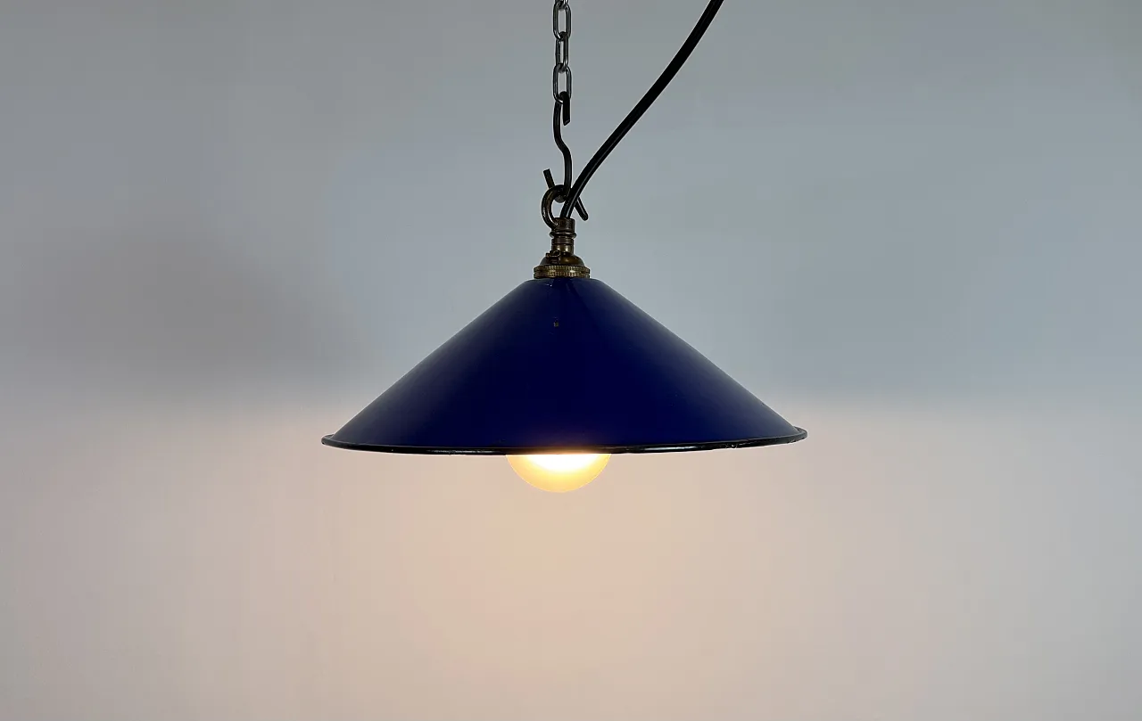 Industrial Cobalt Blue Enamel Factory Pendant Lamp, 1950s 9
