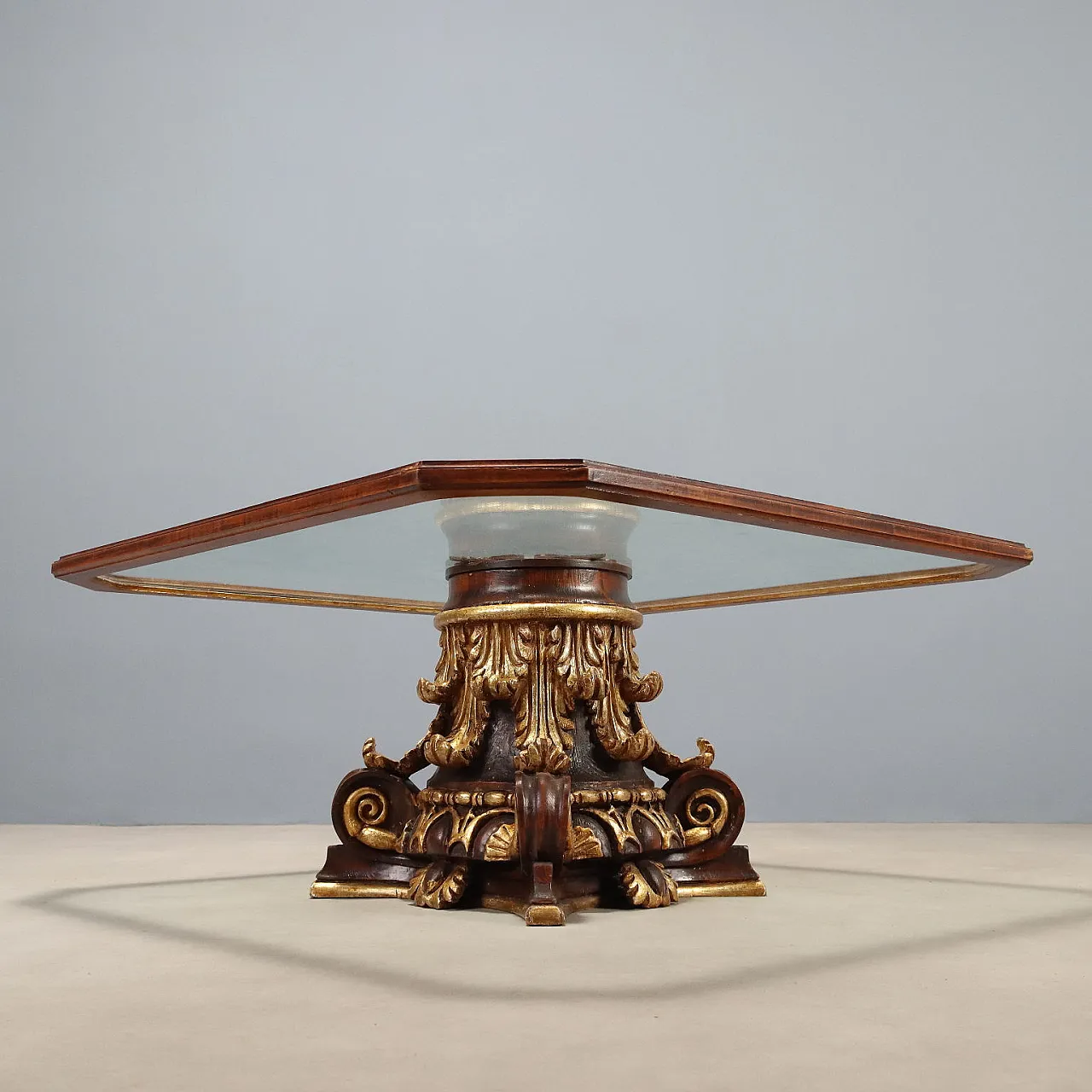 Center table in carved wood and with glass top, 20th century 9