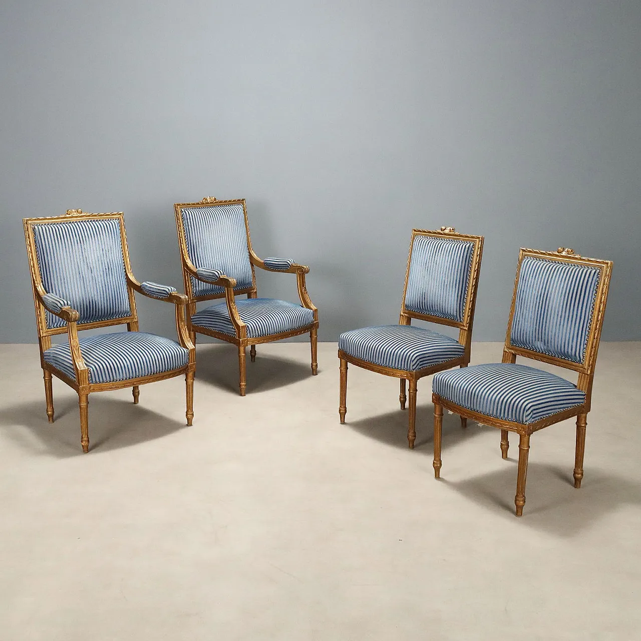 Pair of golden Neoclassical Style armchairs and chairs, 19th century 1
