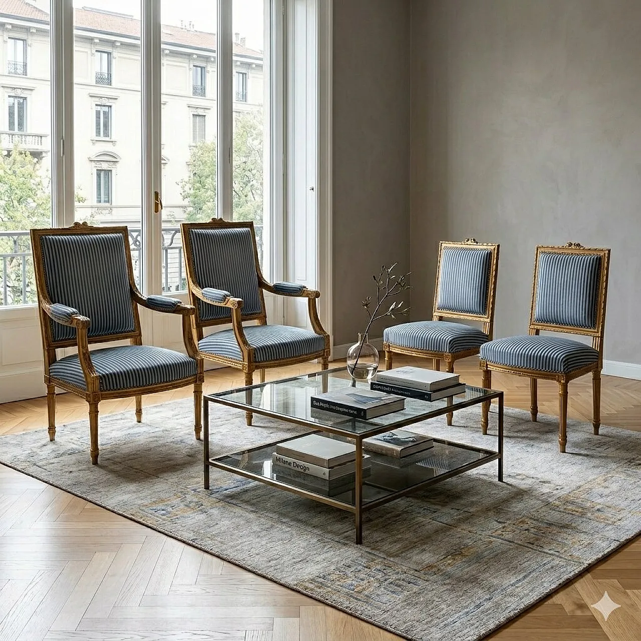 Pair of golden Neoclassical Style armchairs and chairs, 19th century 2