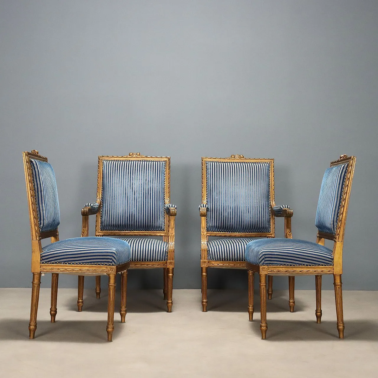 Pair of golden Neoclassical Style armchairs and chairs, 19th century 4