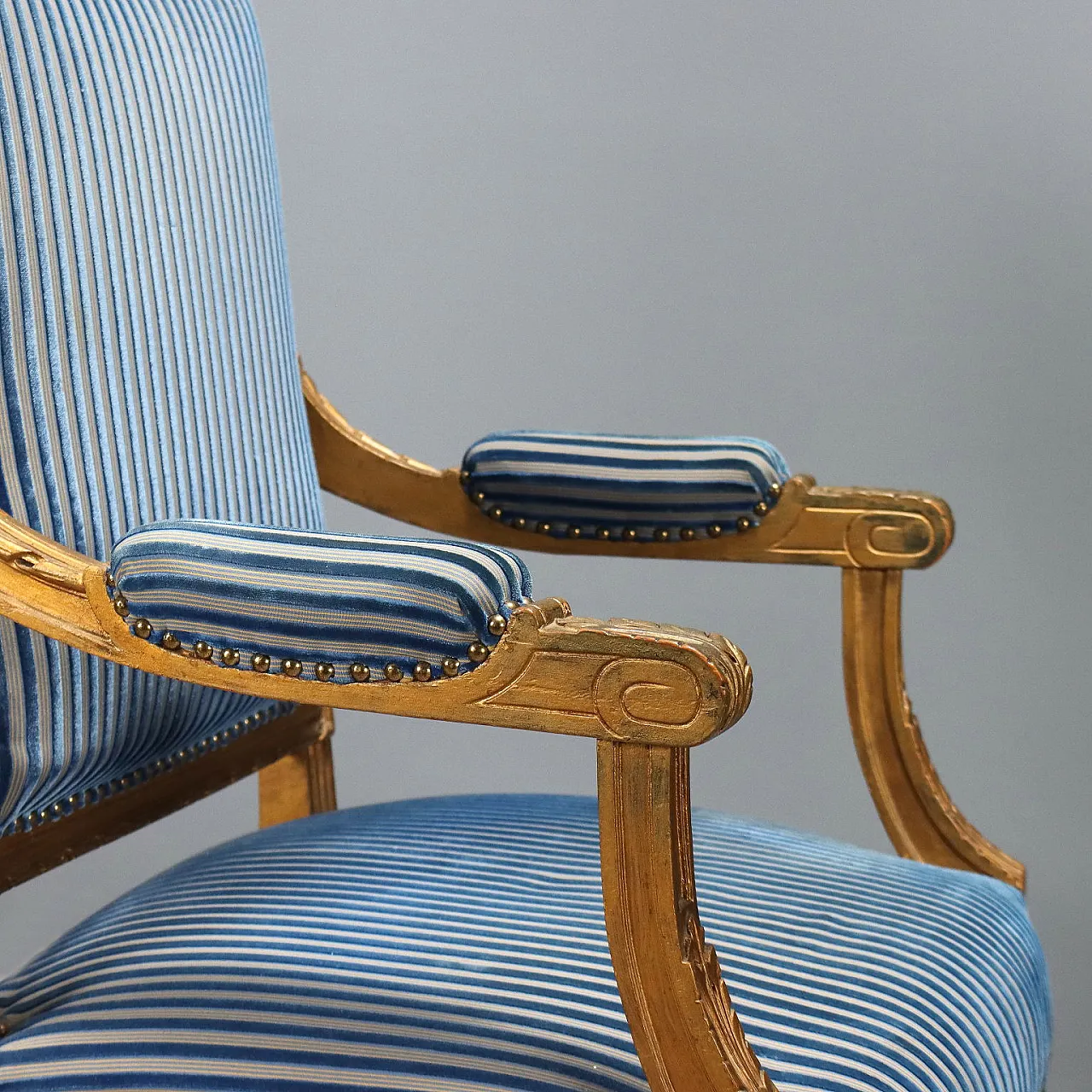 Pair of golden Neoclassical Style armchairs and chairs, 19th century 6