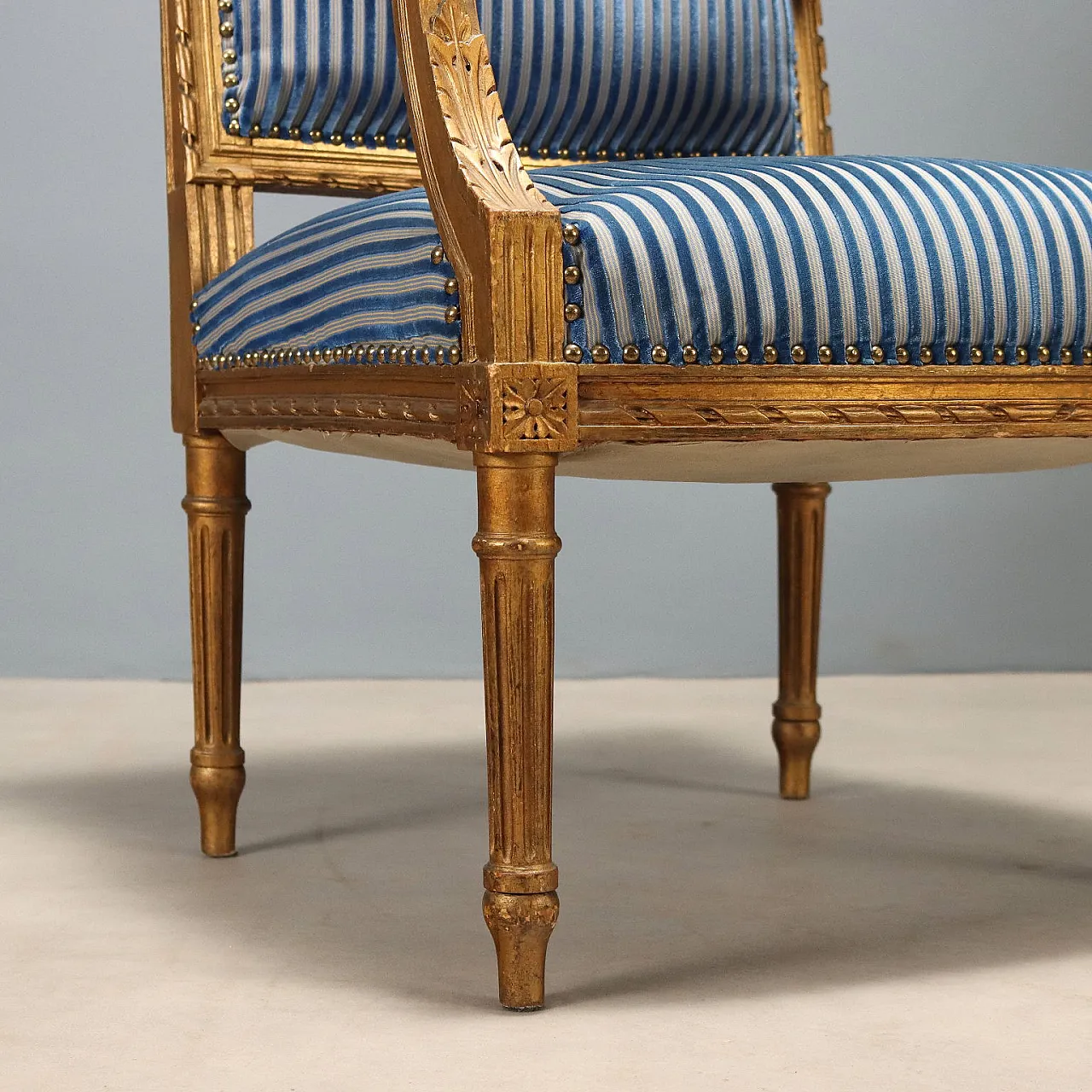 Pair of golden Neoclassical Style armchairs and chairs, 19th century 8