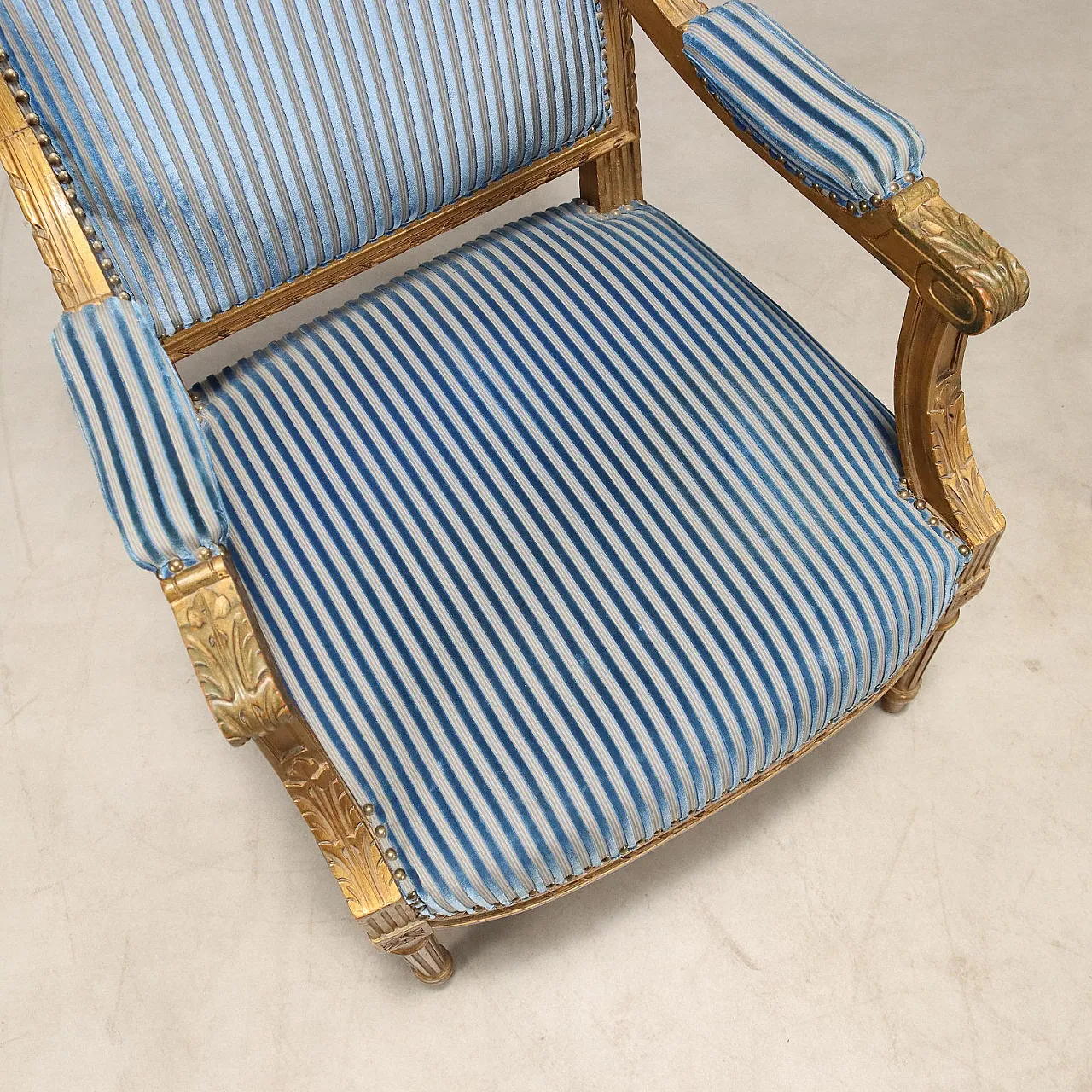 Pair of golden Neoclassical Style armchairs and chairs, 19th century 9