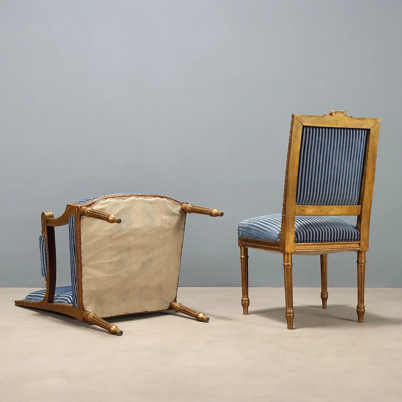 Pair of golden Neoclassical Style armchairs and chairs, 19th century 10