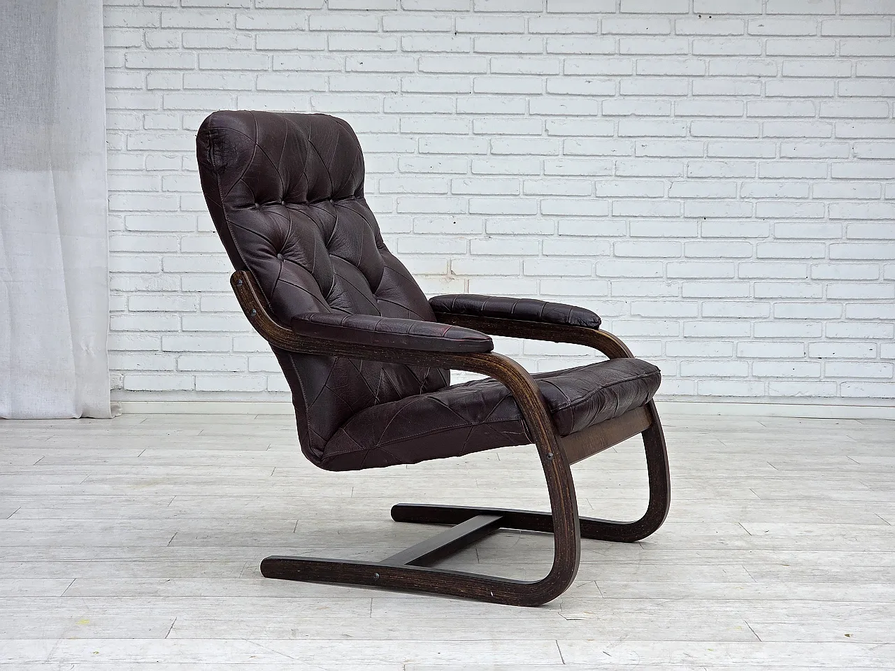 Pair of armchair in brown furniture leather and bent wood, 1970s 4