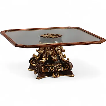 Center table in carved wood and with glass top, 20th century