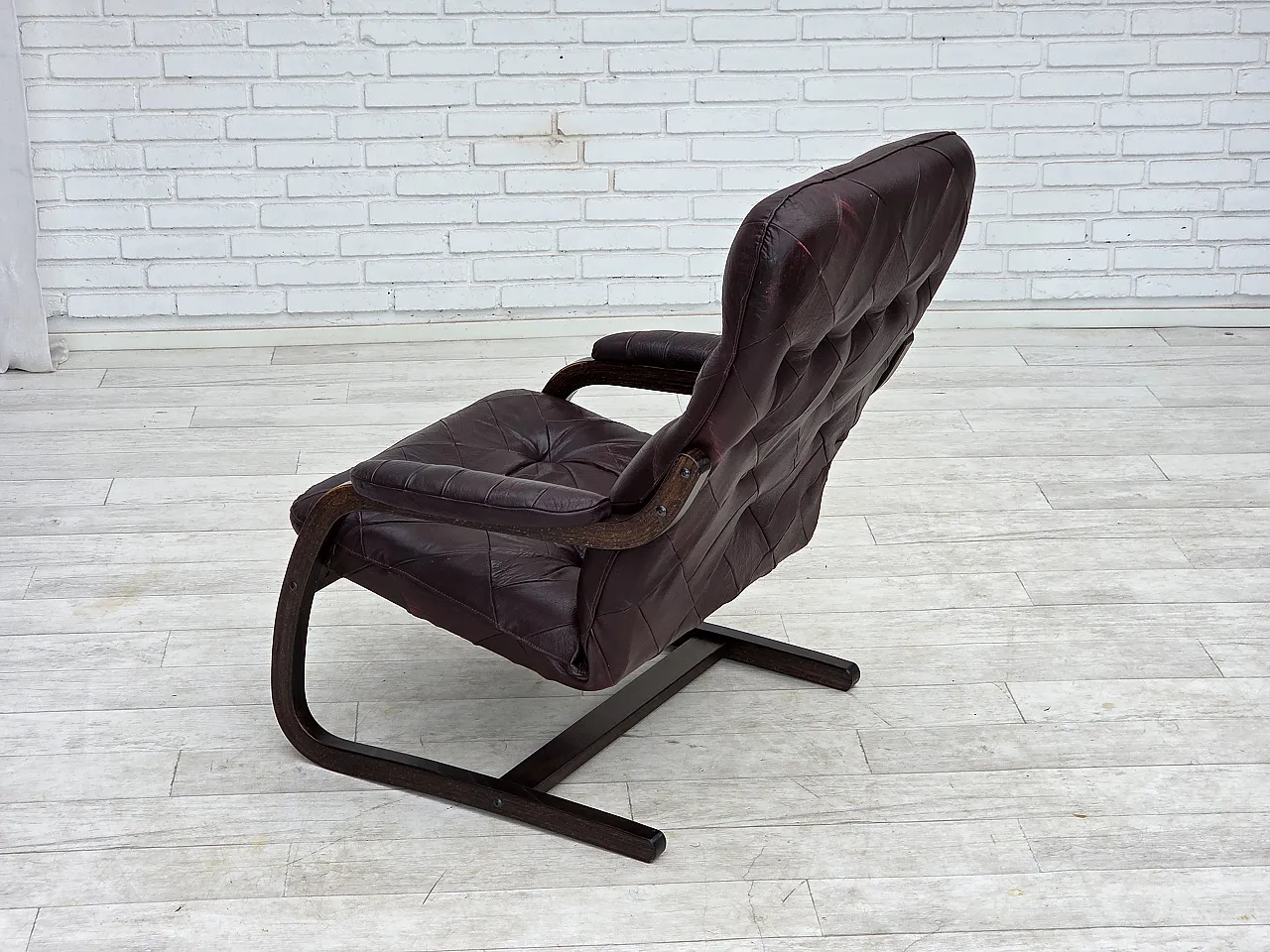 Pair of armchair in brown furniture leather and bent wood, 1970s 14