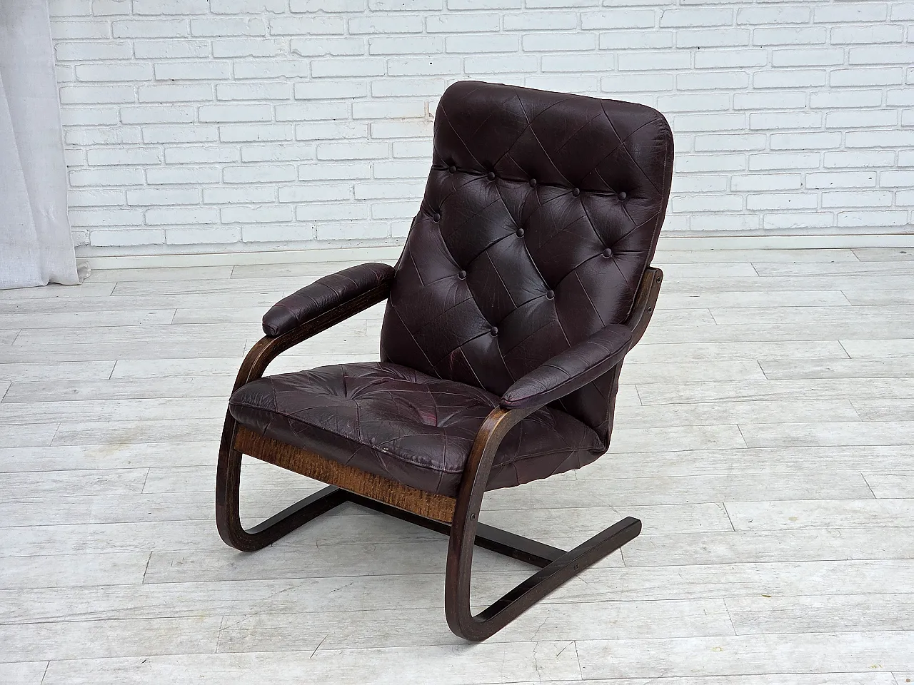Pair of armchair in brown furniture leather and bent wood, 1970s 15