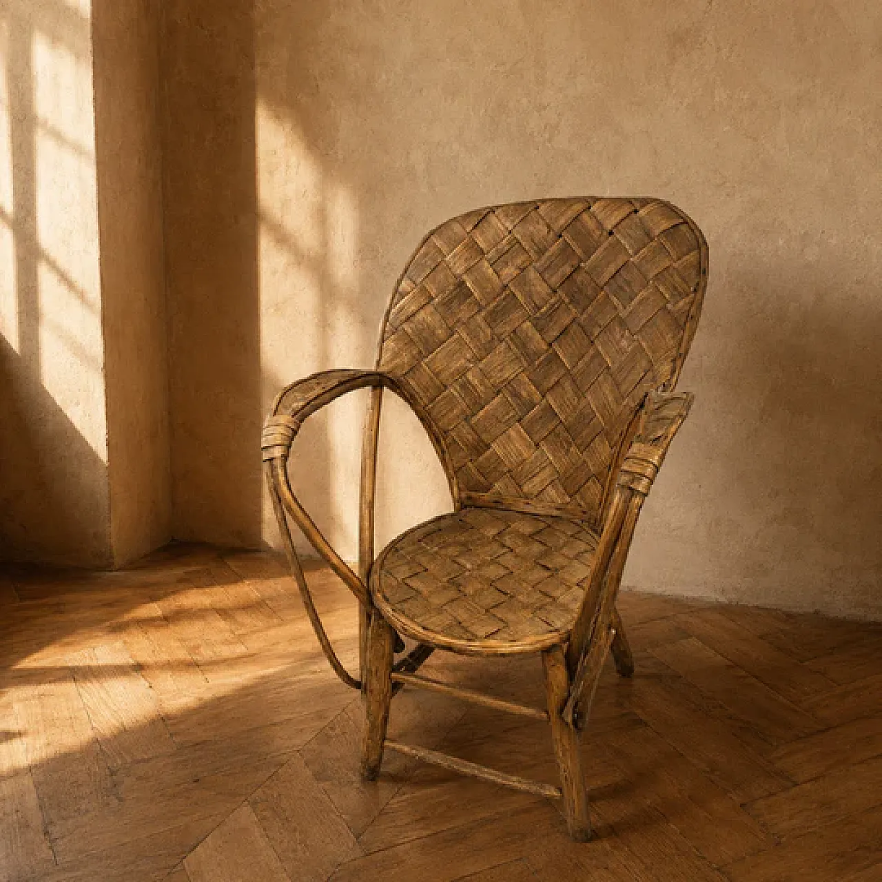 Poltrona in vimini e rattan con schienale alto, anni '60 3