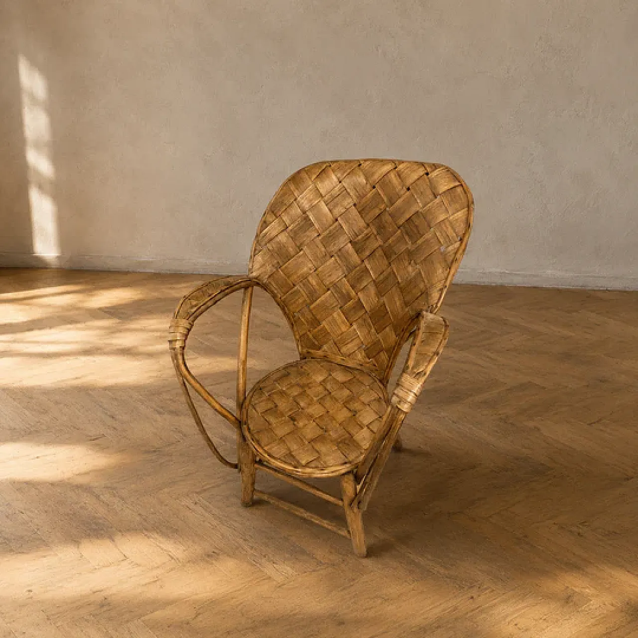 Poltrona in vimini e rattan con schienale alto, anni '60 5