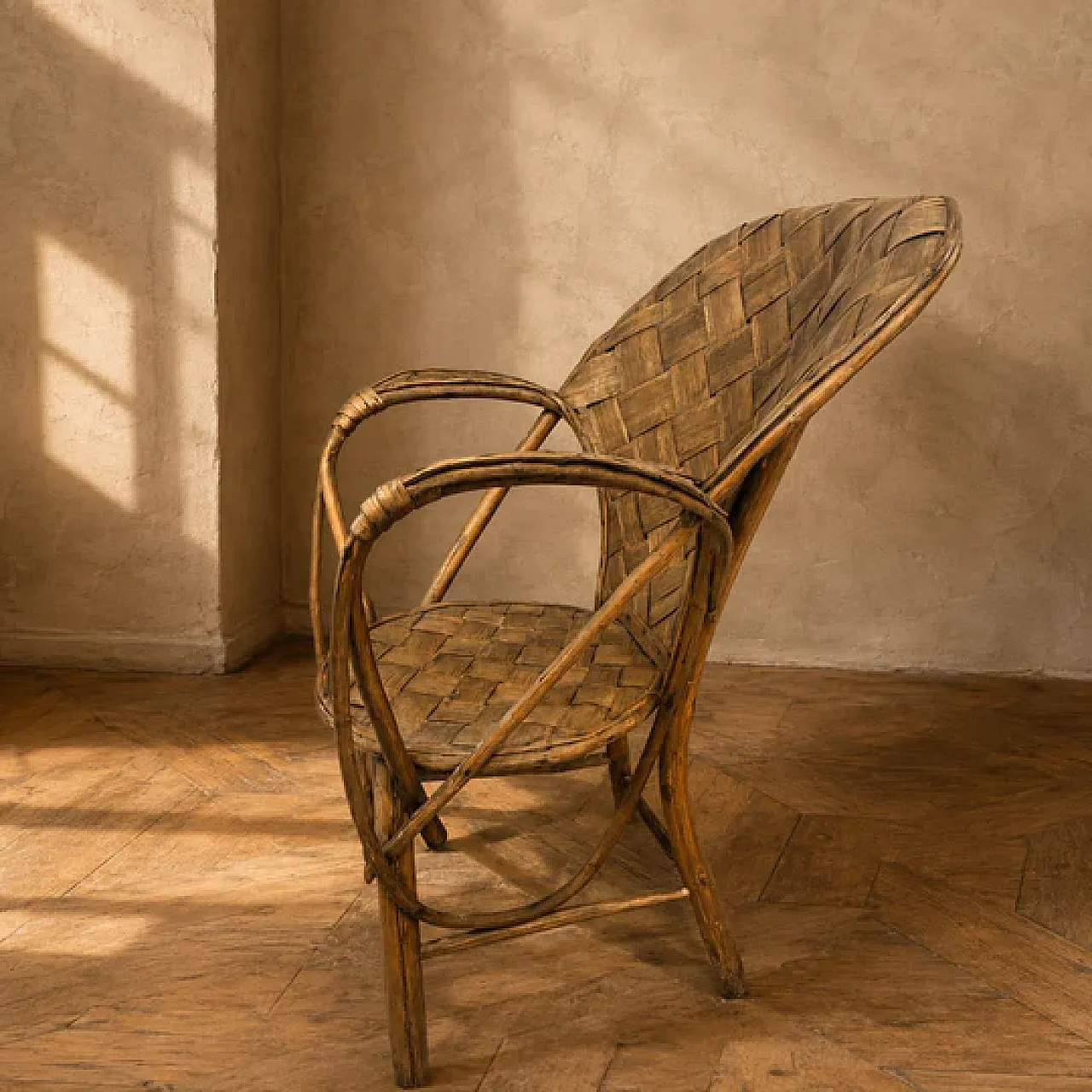 Poltrona in vimini e rattan con schienale alto, anni '60 7