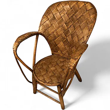 Poltrona in vimini e rattan con schienale alto, anni '60