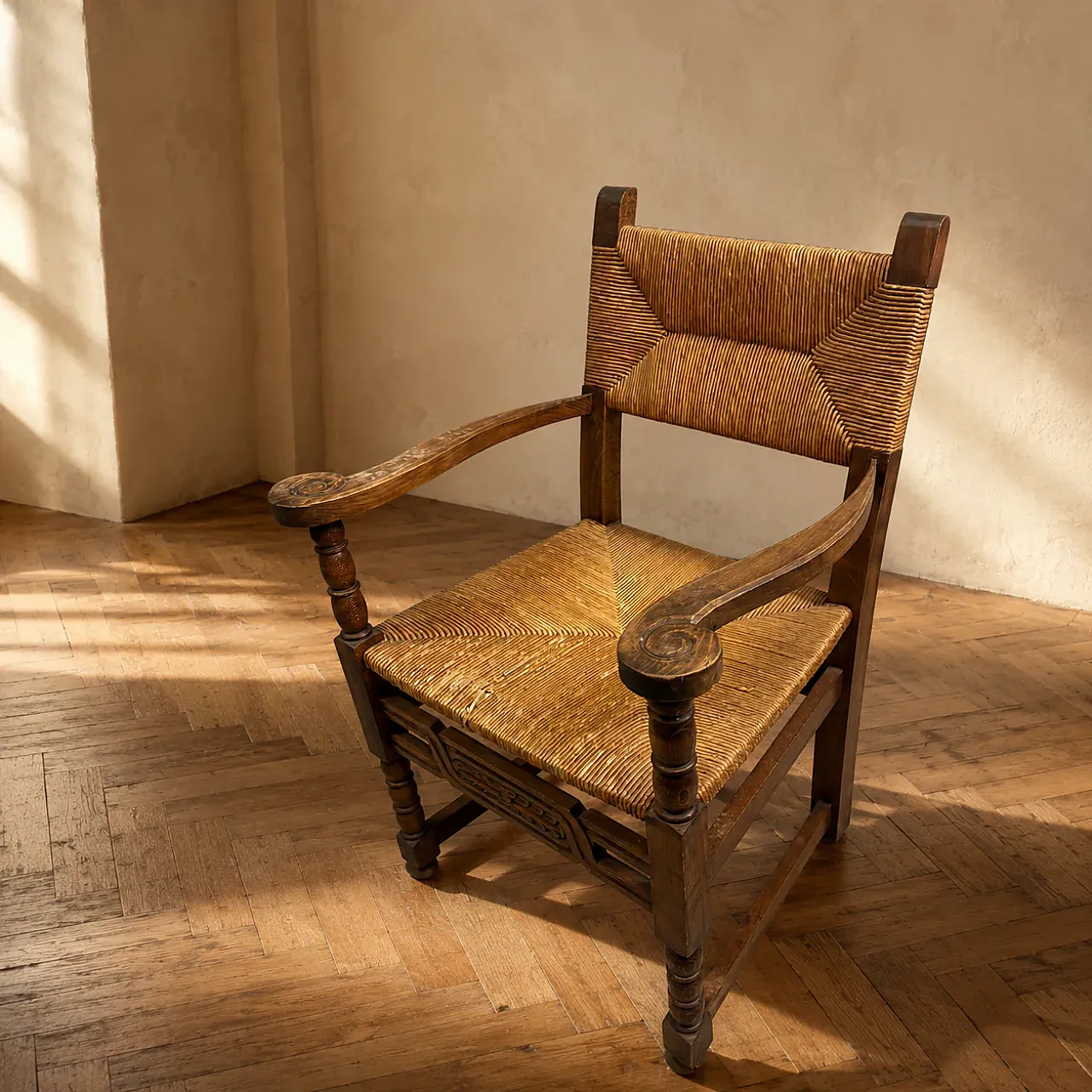 Poltrona rustica in legno intrecciato con giunco, anni '60 1