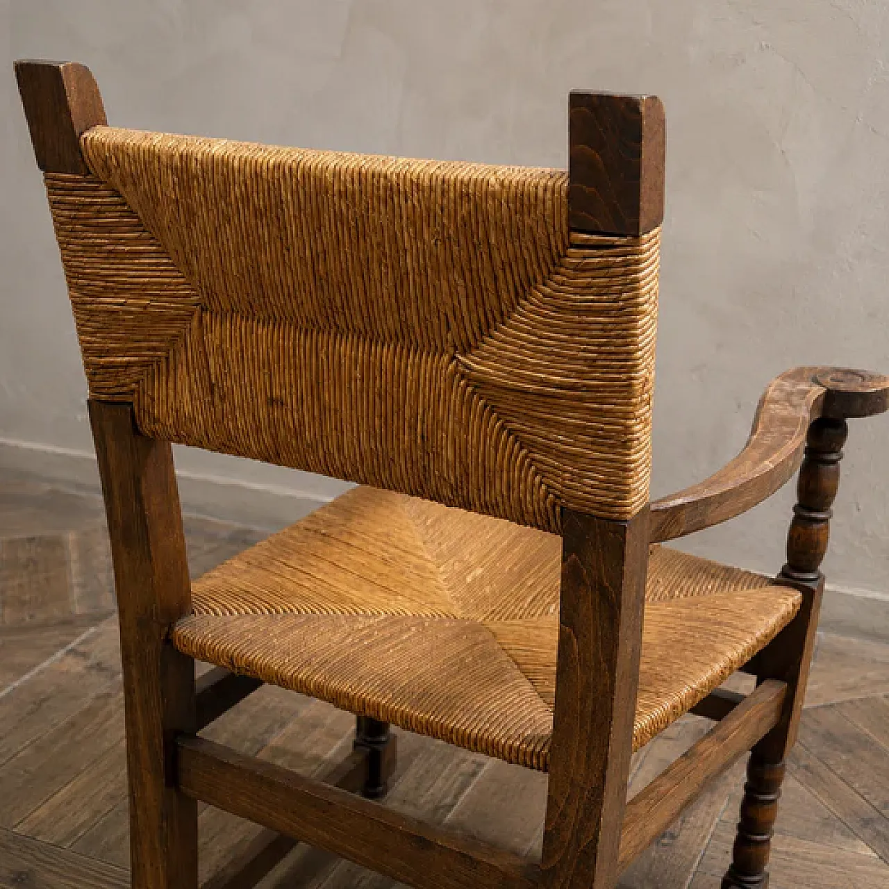 Poltrona rustica in legno intrecciato con giunco, anni '60 5