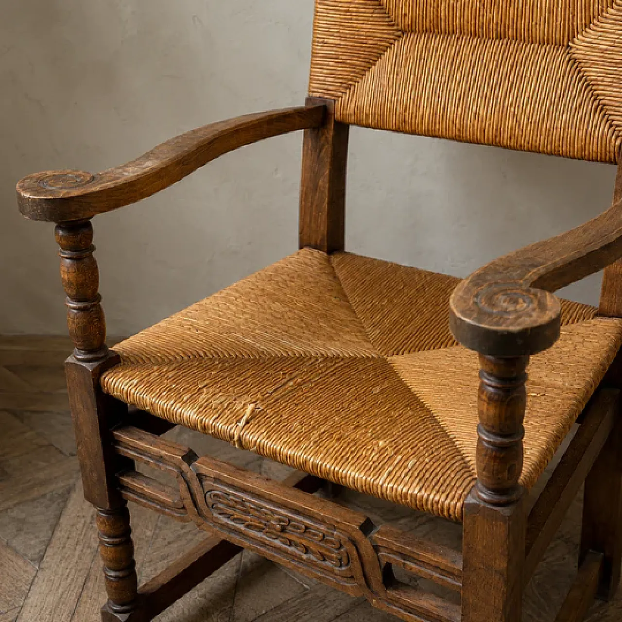 Poltrona rustica in legno intrecciato con giunco, anni '60 7