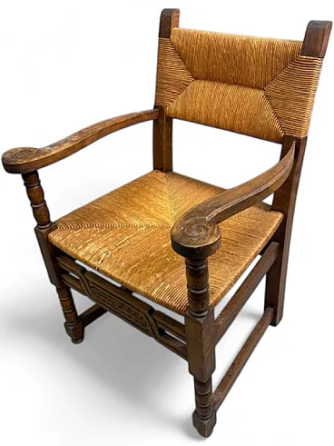 Poltrona rustica in legno intrecciato con giunco, anni '60