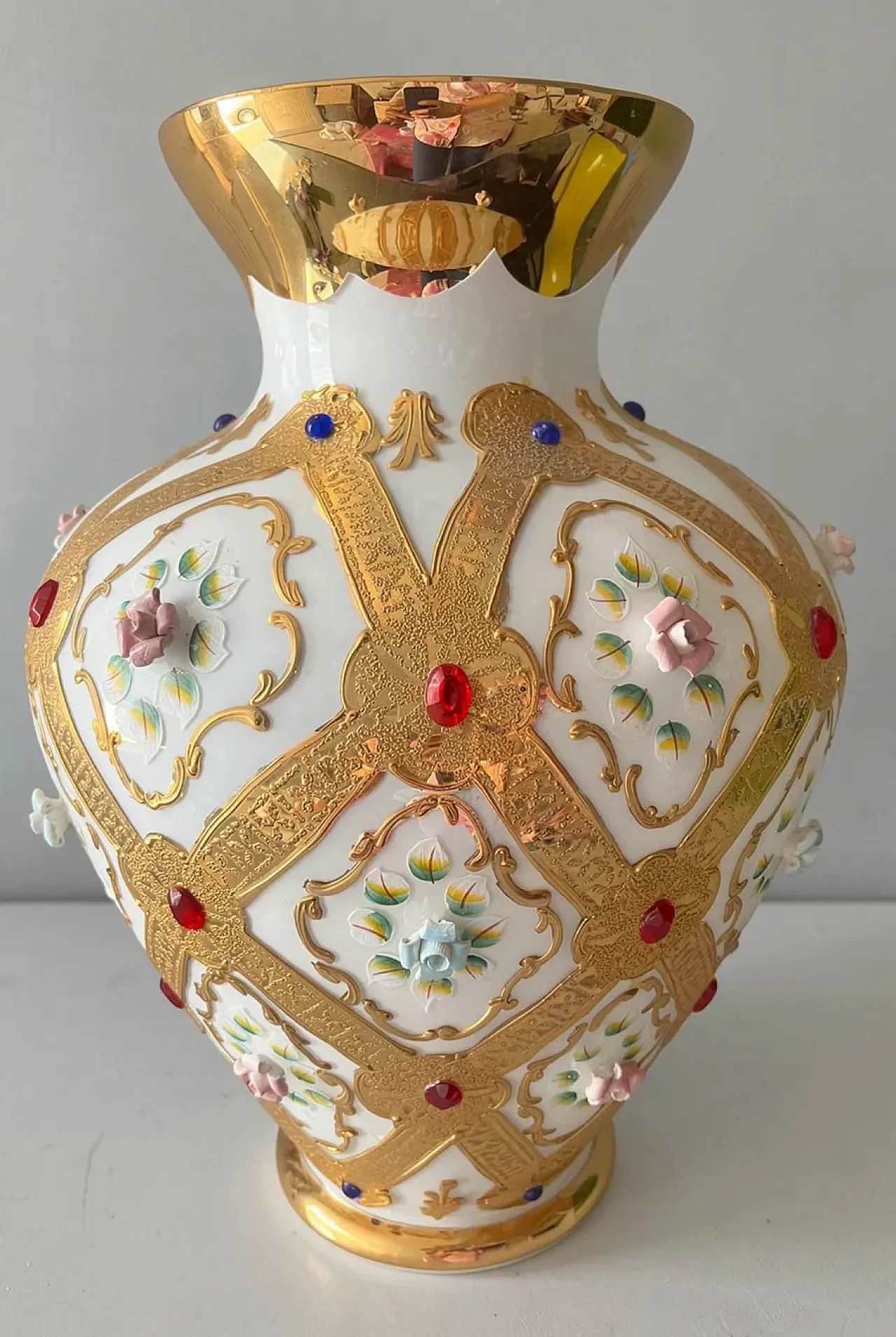 Opal vase with pure gold, stone and ceramic decorations, 20th century 1