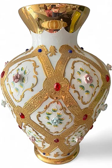 Opal vase with pure gold, stone and ceramic decorations, 20th century