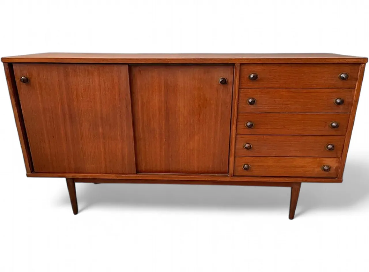 Teak sideboard, with sliding doors and chest of drawers, 1950s 6