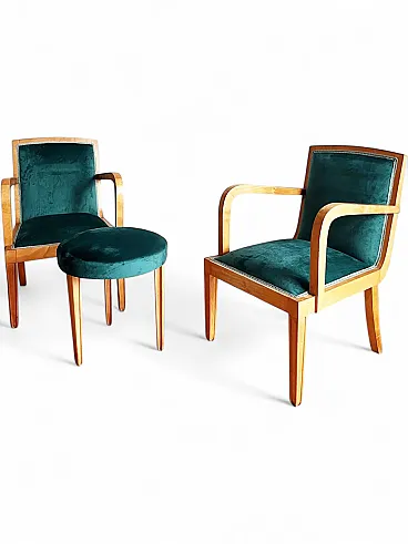 Pair of maple and velvet armchairs and ottomans attr.to P.Chiesa, 1950