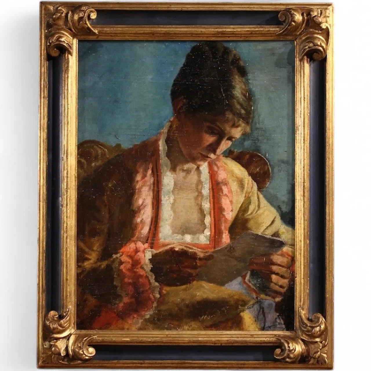 French painting portrait of woman with letter dated 1979 16