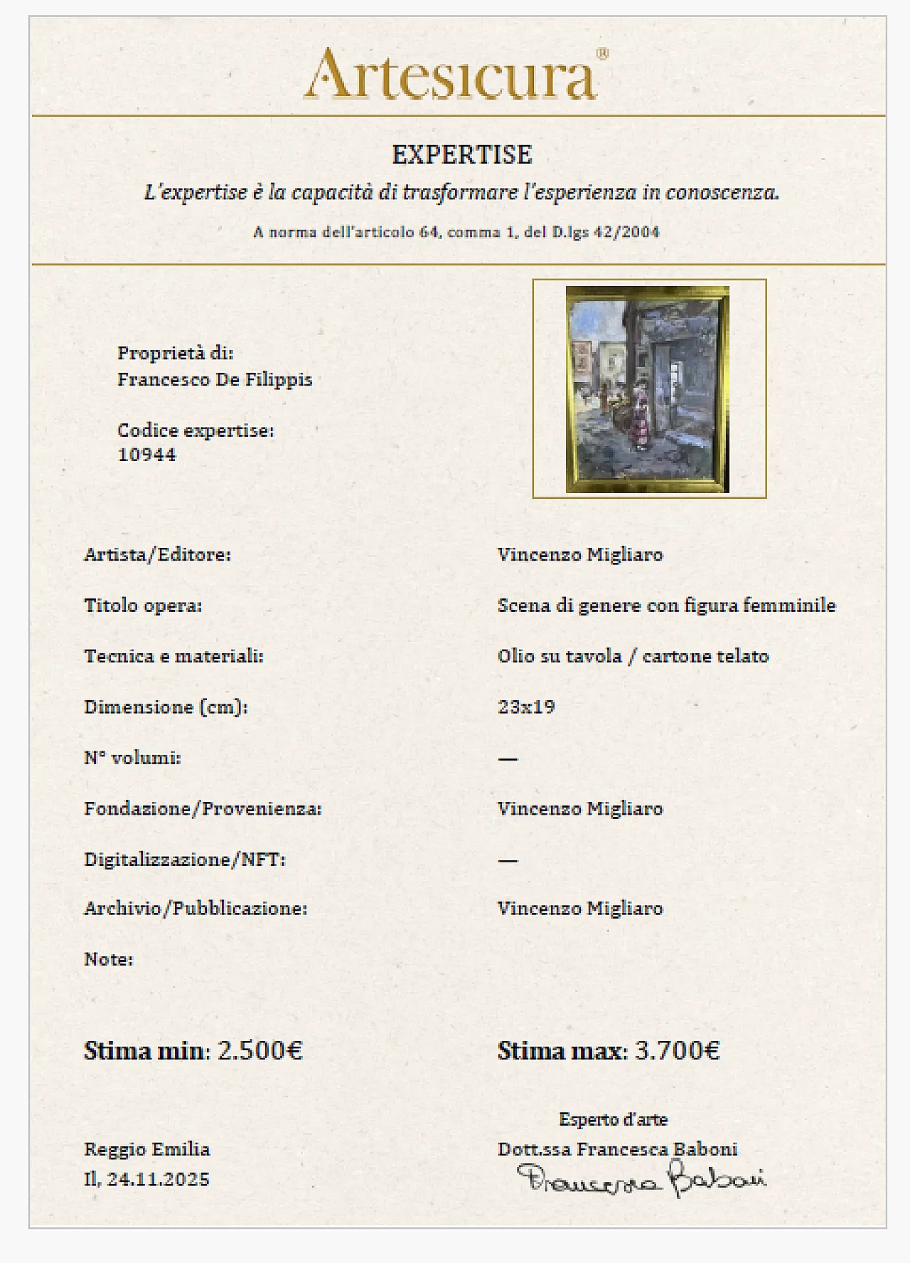 Dipinto Olio su Tavola di Vincenzo Migliaro (1858-1938) con Expertise 6