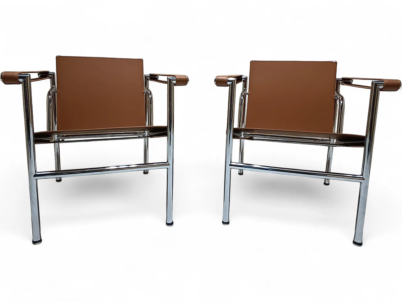 Pair of LC1 armchairs by Alivar in Cognac natural leather, 2000s 102