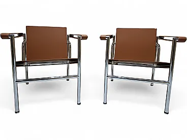 Pair of LC1 armchairs by Alivar in Cognac natural leather, 2000s
