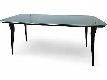 Tavolo da pranzo Mid Century in mogano con piano in vetro verdeacqua