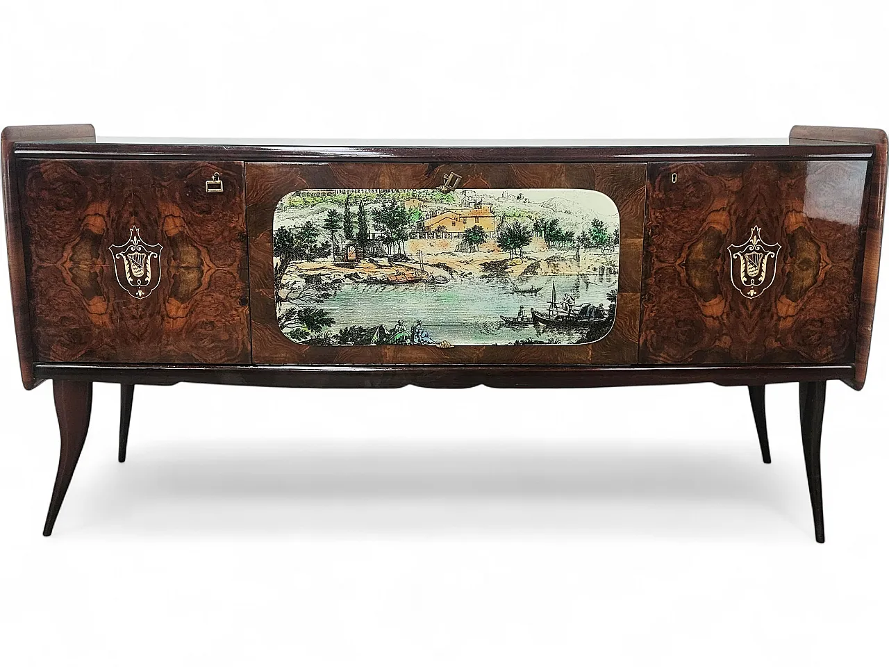 Credenza Mid-Century anni ’50 in mogano con vetro verde acqua 20