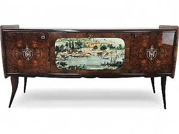 Credenza Mid-Century anni ’50 in mogano con vetro verde acqua