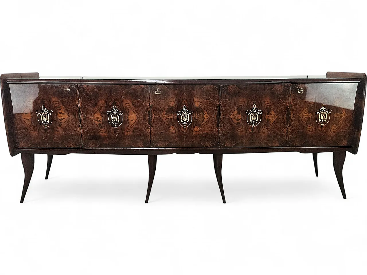 Credenza Mid-Century in mogano con piano in vetro e scomparti 23