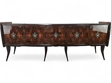 Credenza Mid-Century in mogano con piano in vetro e scomparti