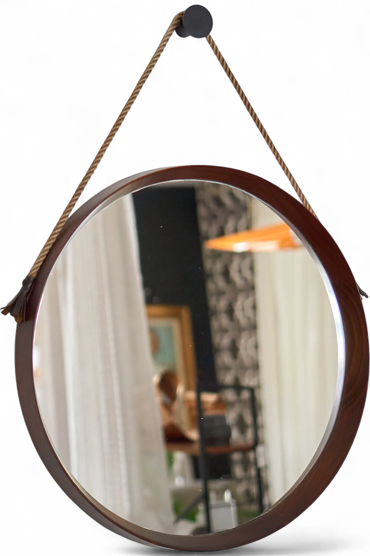 Specchio rotondo in teak con corda anni '60, stile scandinavo 7