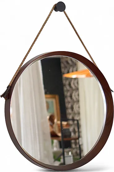 Specchio rotondo in teak con corda anni '60, stile scandinavo