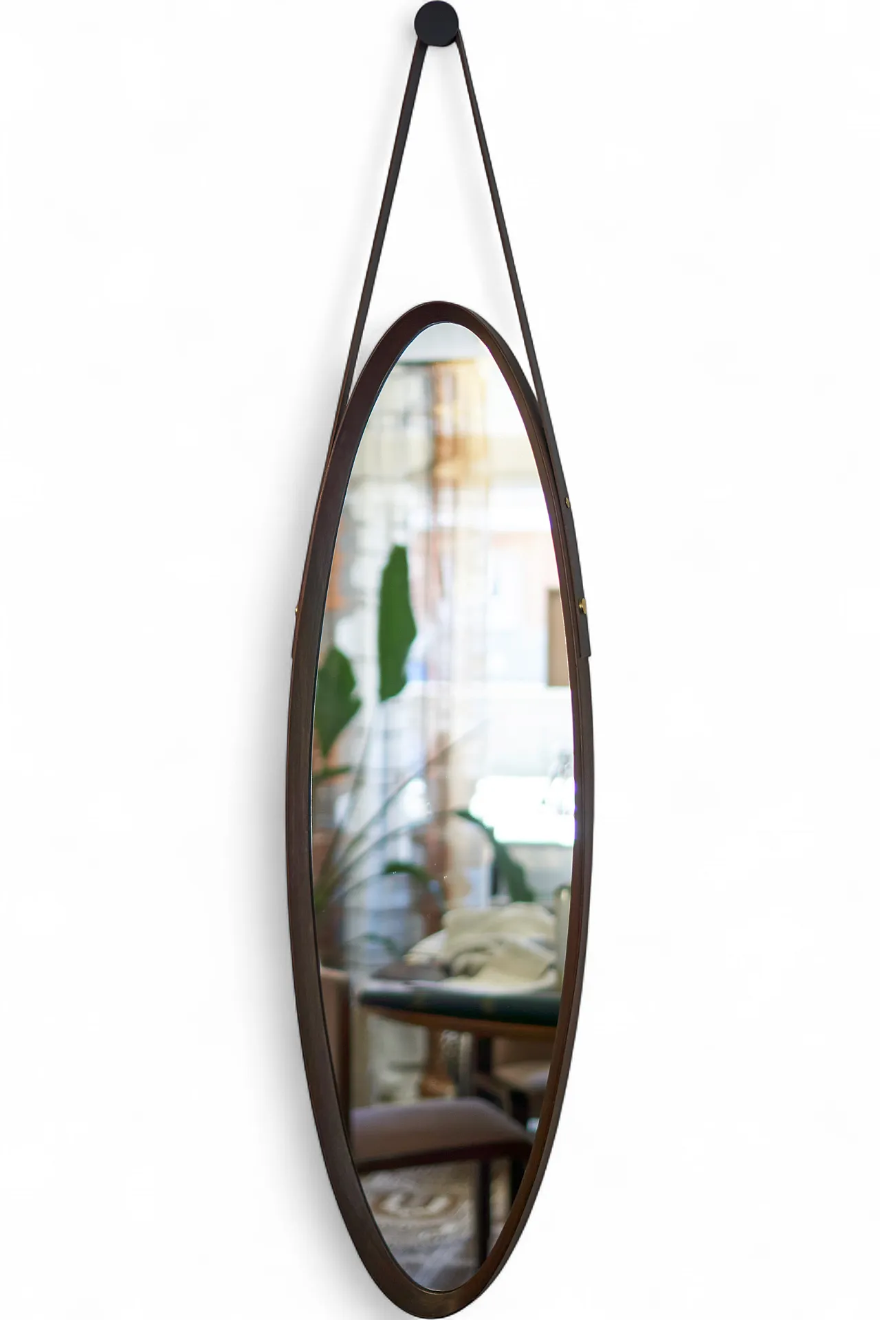 Specchio ovale in teak con cinghia in cuoio anni '60, italiano 6